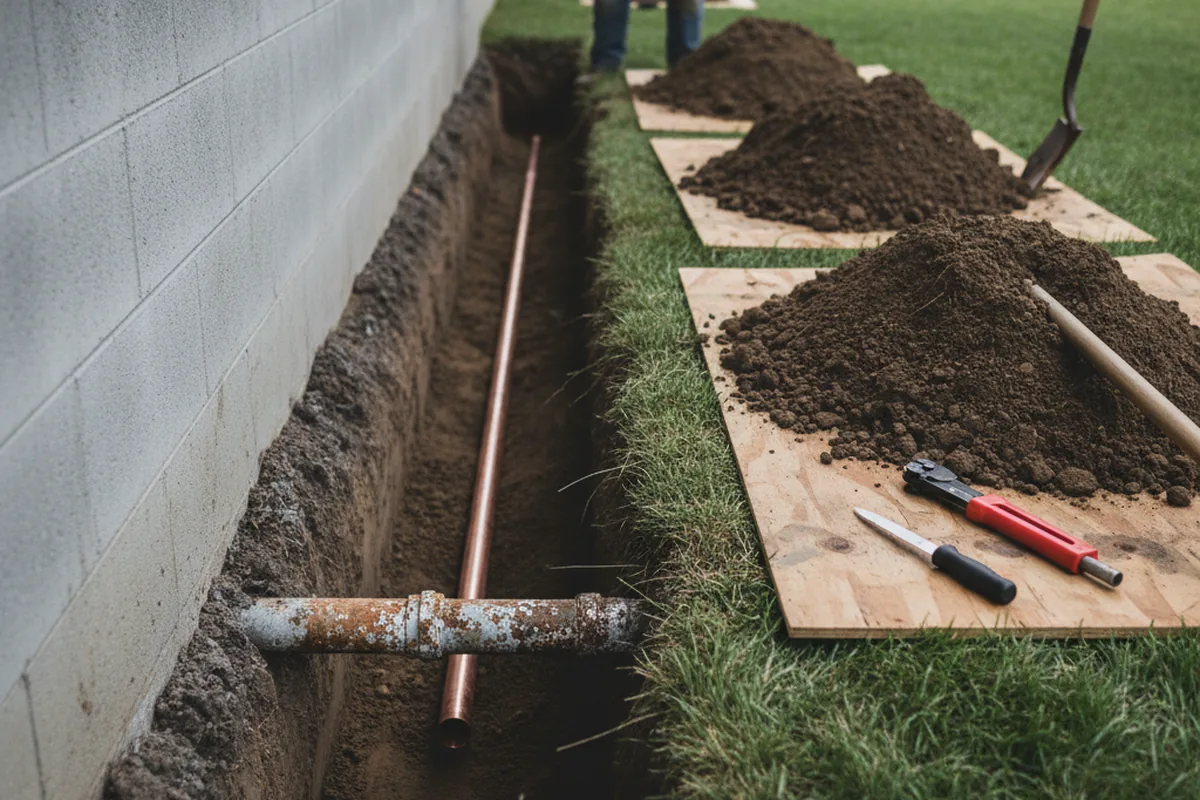 Excavated water line trench during Water Softener Installation in Ridgely
